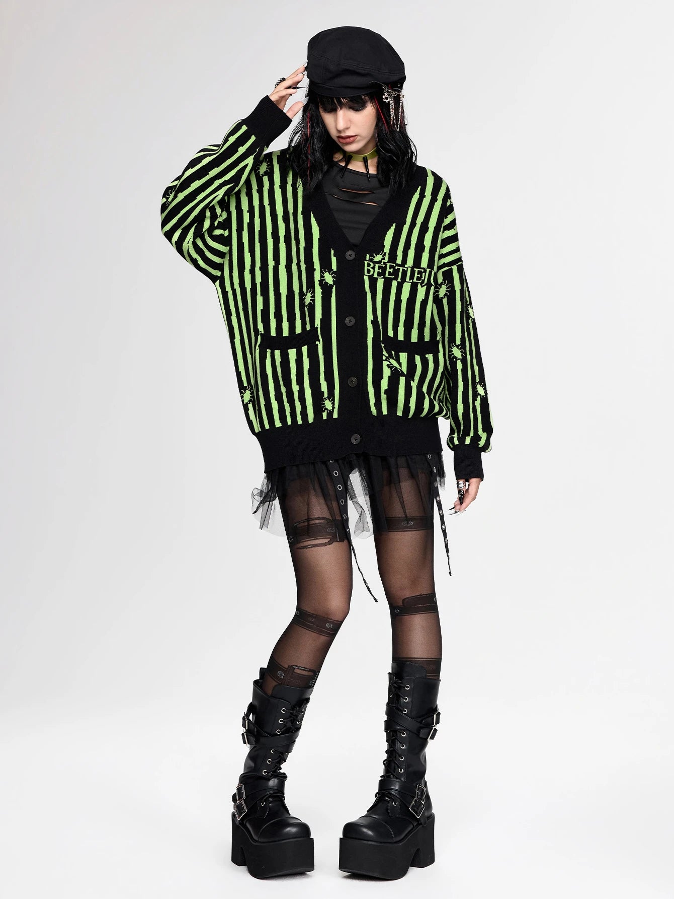 Beetlejuice Green Striped Knit Cardigan