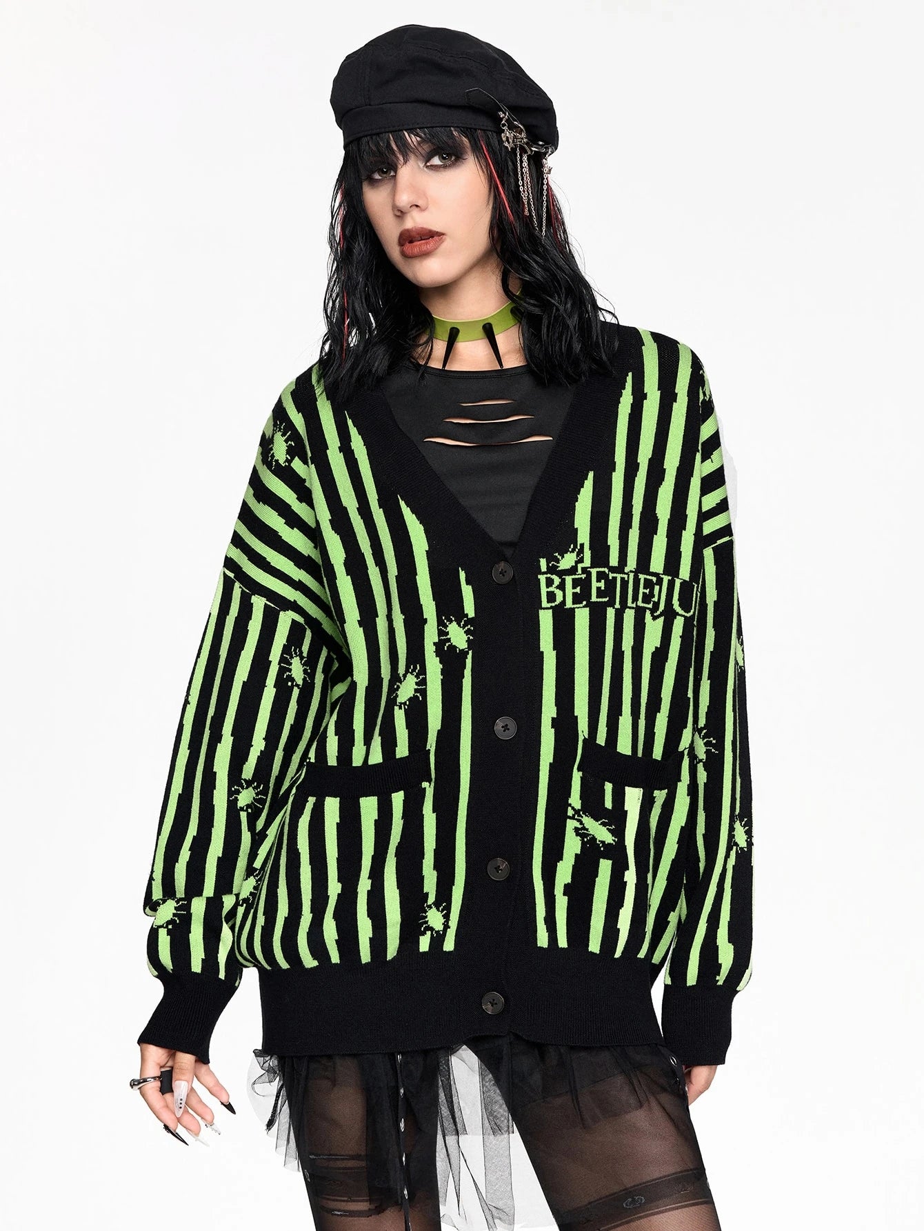 Beetlejuice Green Striped Knit Cardigan