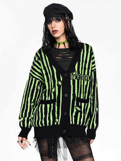 Beetlejuice Green Striped Knit Cardigan