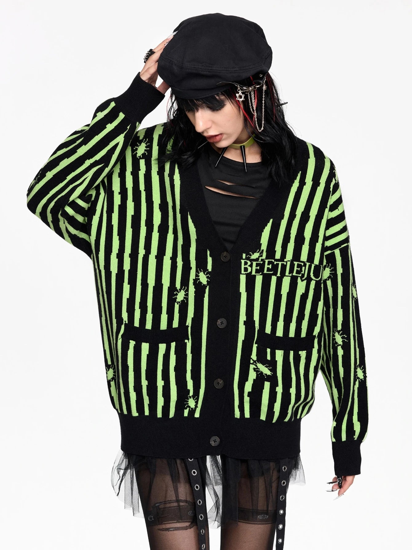 Beetlejuice Green Striped Knit Cardigan