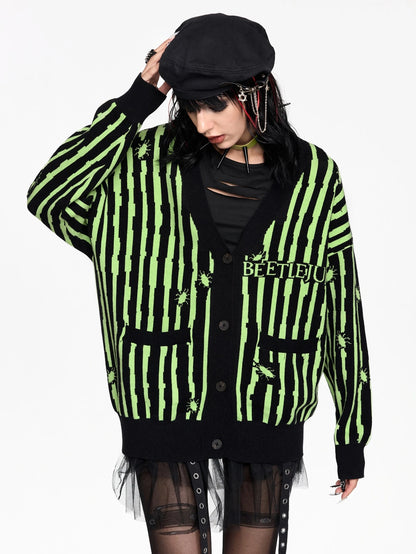 Beetlejuice Green Striped Knit Cardigan
