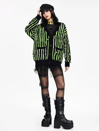 Beetlejuice Green Striped Knit Cardigan