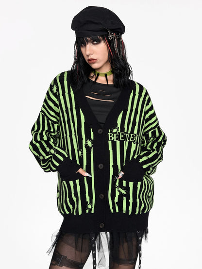 Beetlejuice Green Striped Knit Cardigan