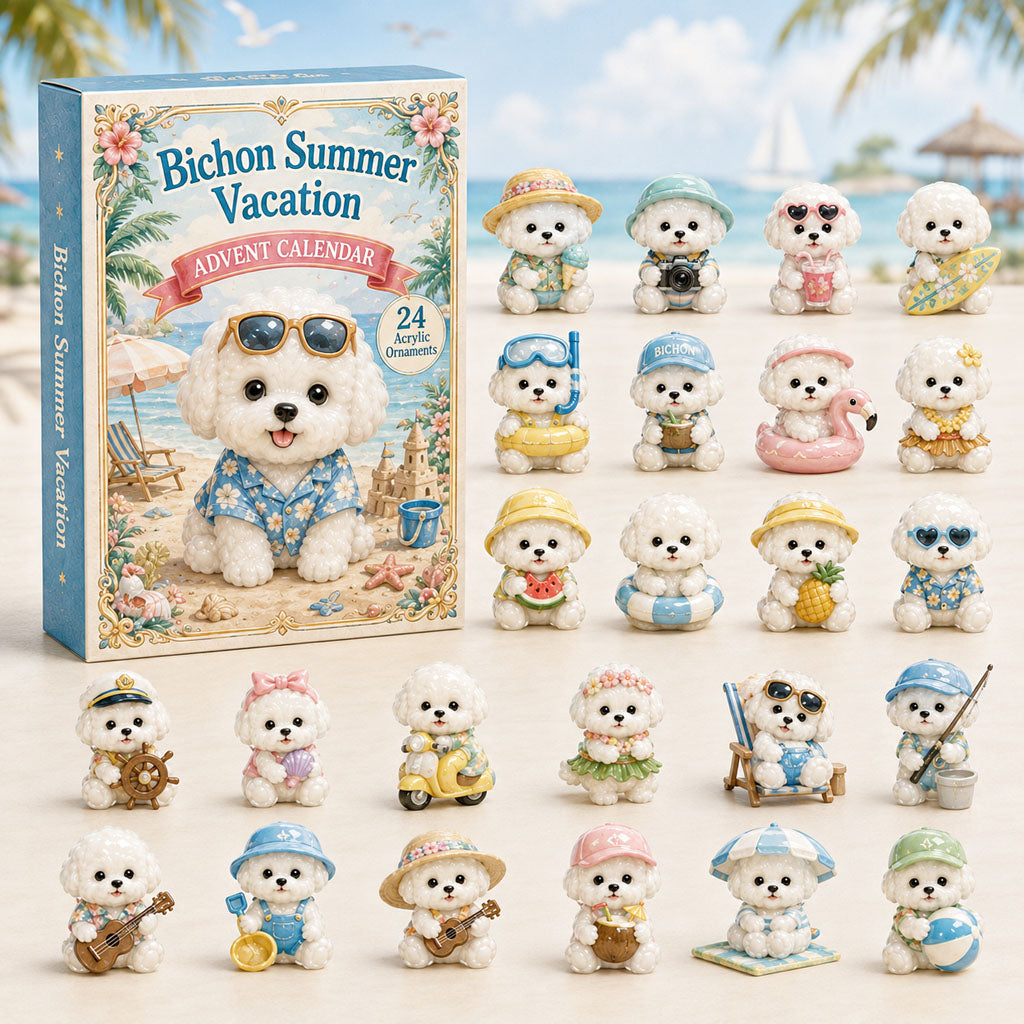 CHRISMAST KICKOFF 40% OFF - Bichon Summer Vacation Advent Calendar 2026 - 24-Day Festive Countdown, Acrylic Charms Blind Box - Gift For Bichon Frise Lovers AC0HA110