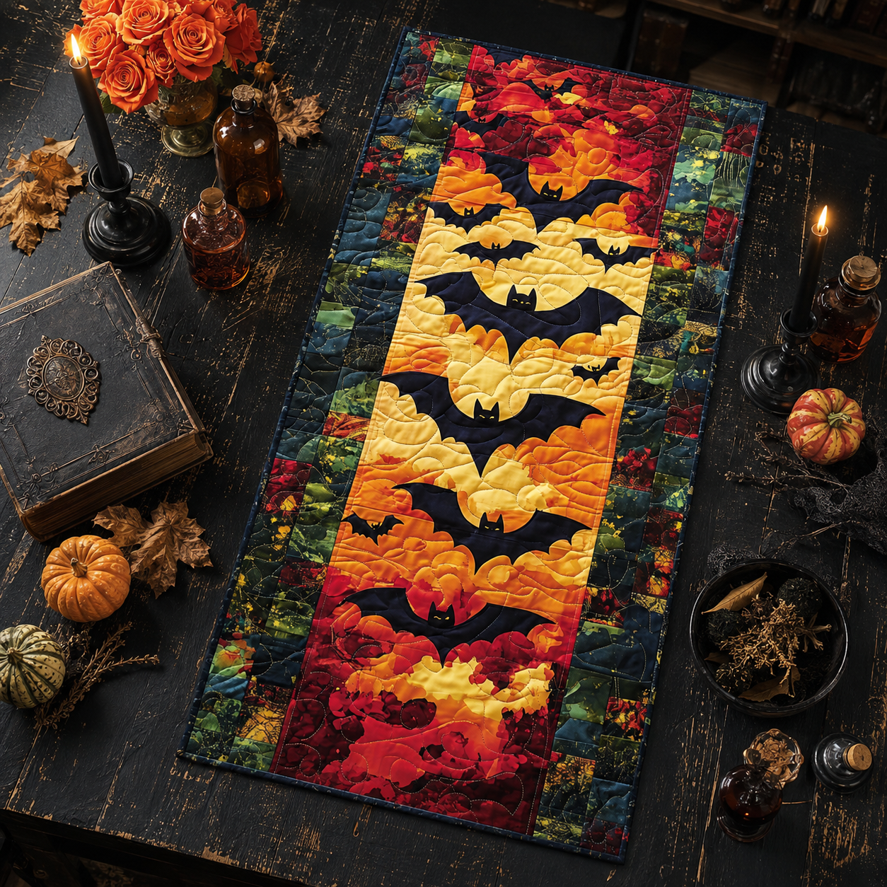 Black Bats Sunset Sky Halloween Quilted Table Runner