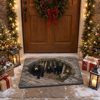 Black Bear Family Stone Cave Christmas Gate Doormat