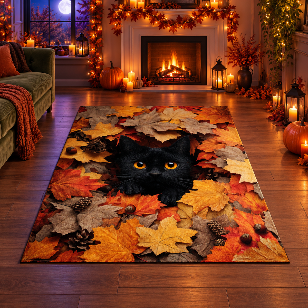 Black Cat Autumn Leaves Halloween Area Rug