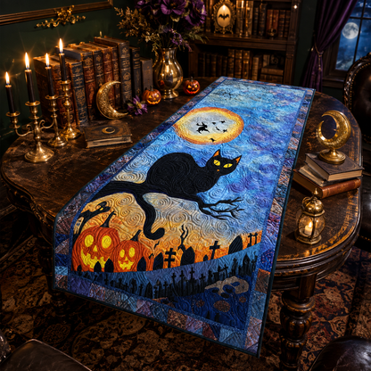 Black Cat Full Moon Graveyard Halloween Quilted Table Runner