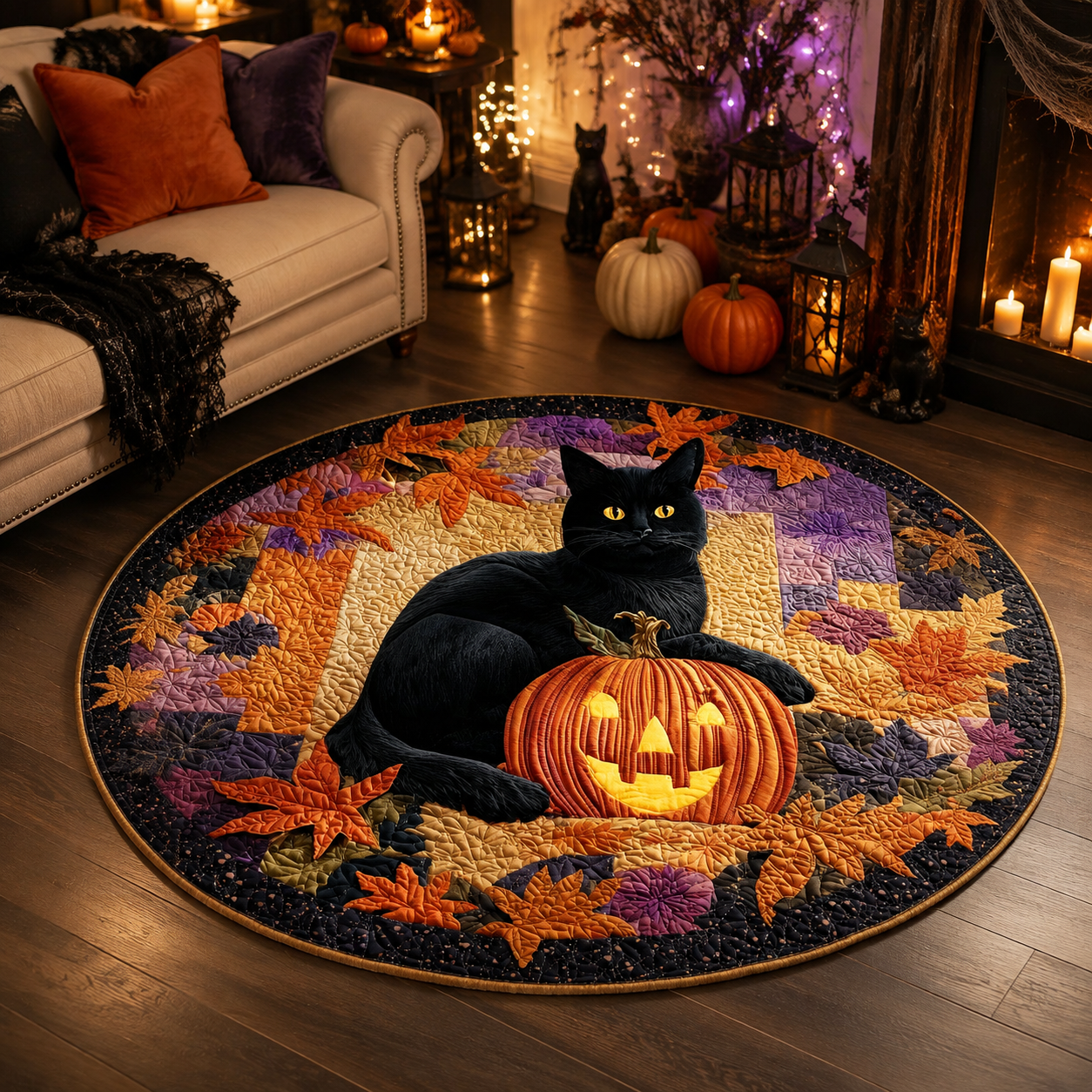 Black Cat Hugging Pumpkin Autumn Leaves Halloween Quilt Round Rug