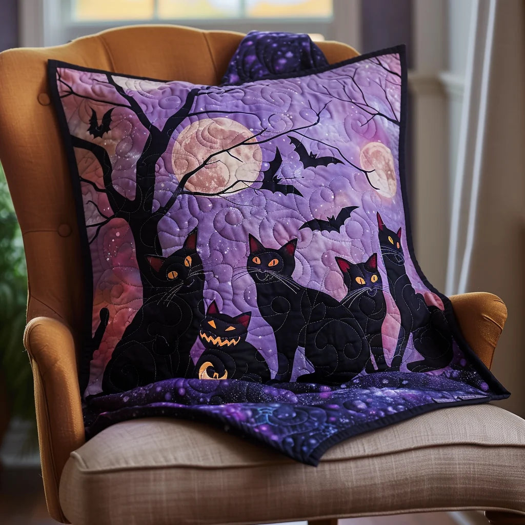 Black Cat Moon Halloween Quilted Pillow Case