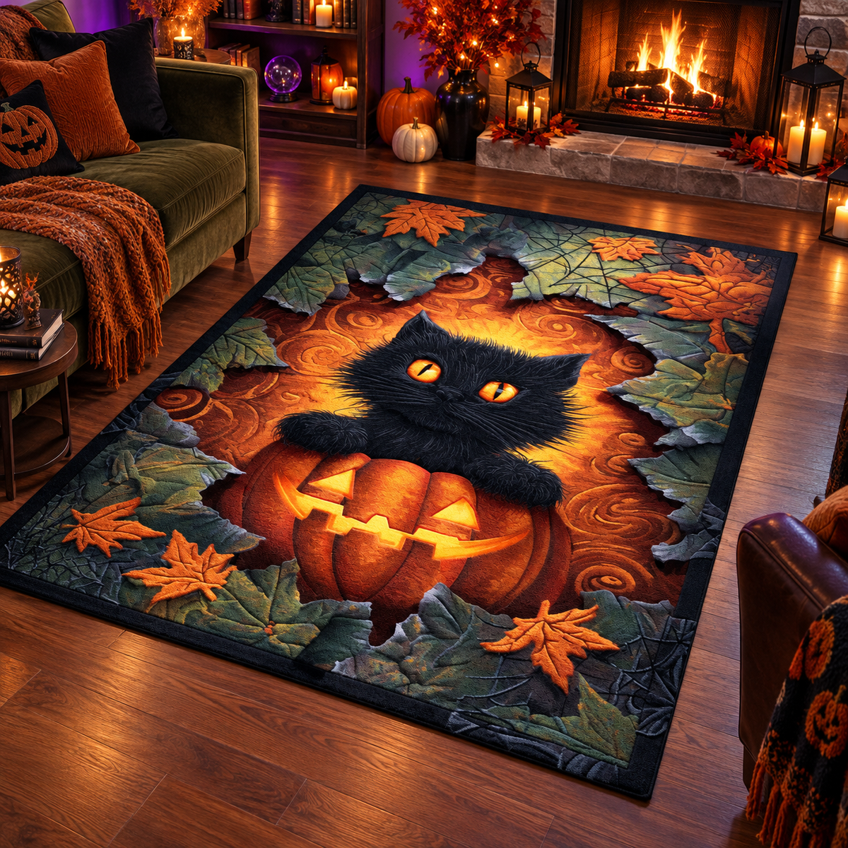 Black Cat Pumpkin Leaves Halloween Area Rug