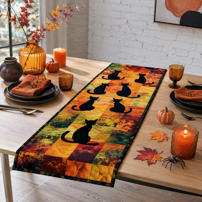 Black Cat Silhouette Patchwork Halloween Quilted Table Runner