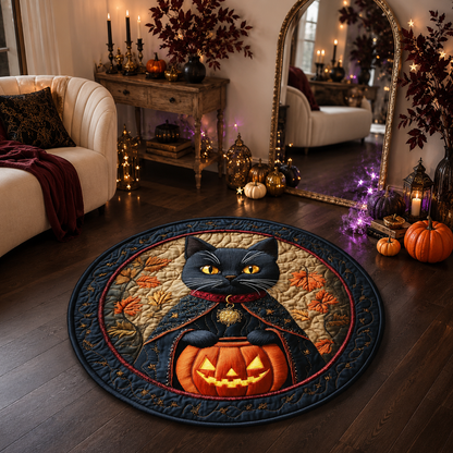Black Cat Wearing Cape Holding Pumpkin Halloween Quilt Round Rug