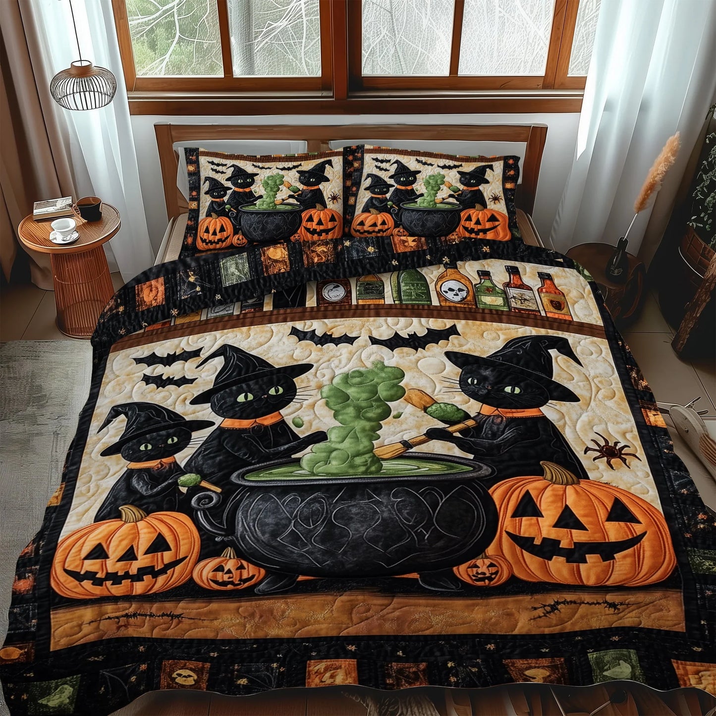 Black Cat Witch Cauldron Halloween Bedding Set