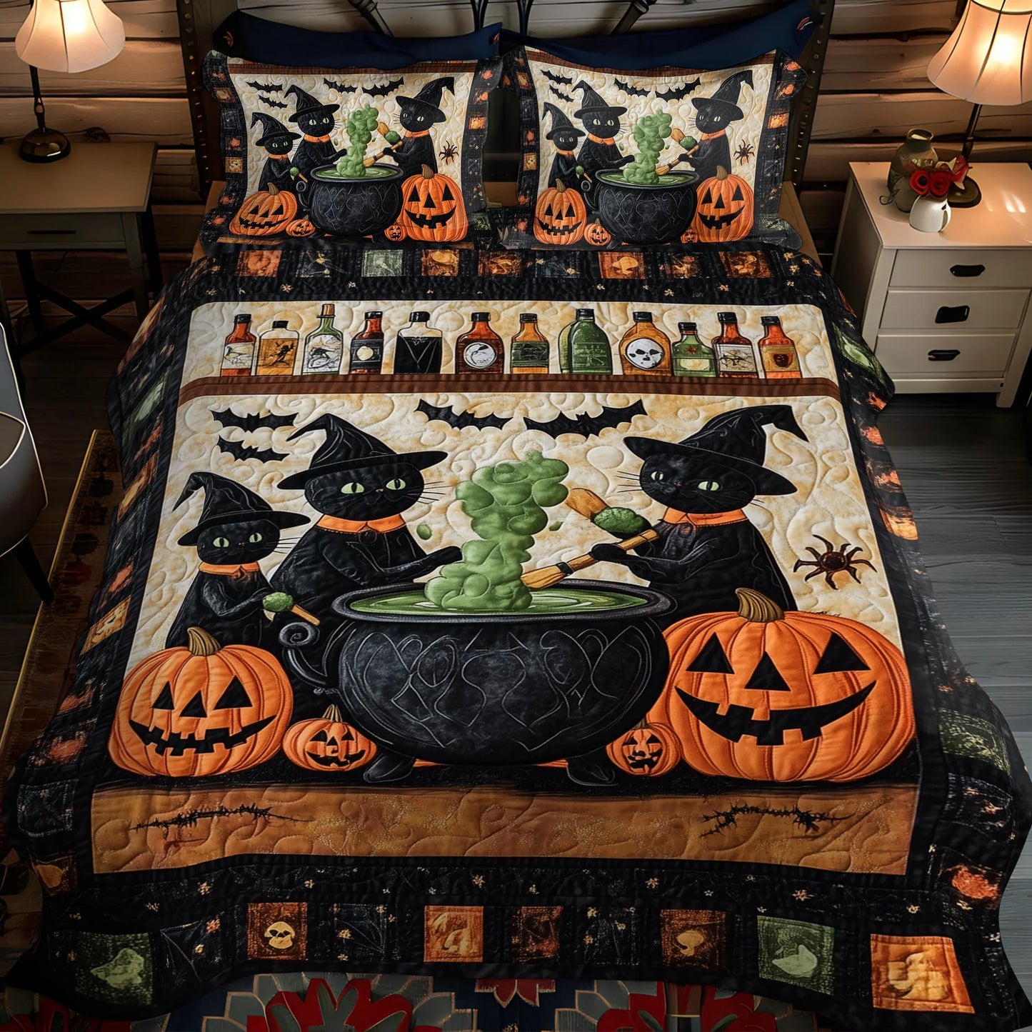 Black Cat Witch Cauldron Halloween Bedding Set
