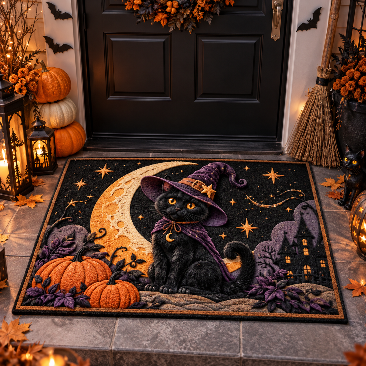 Black Cat Witch Moon Pumpkin Halloween Doormat Outdoor Decor