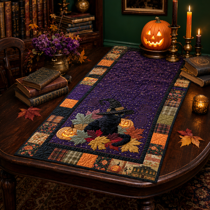 Black Cat Witch & Glowing Pumpkin Halloween Quilted Table Runner