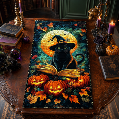 Black Cat Witch & Jack O Lantern Halloween Quilted Table Runner