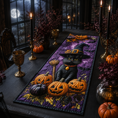 Black Cat Witch & Pumpkin Patch Halloween Quilted Table Runner