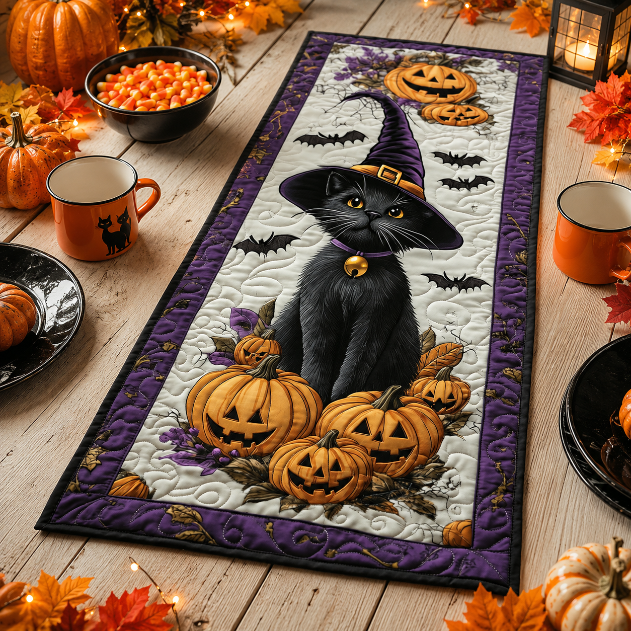 Black Cat Witch & Pumpkins Halloween Quilted Table Runner