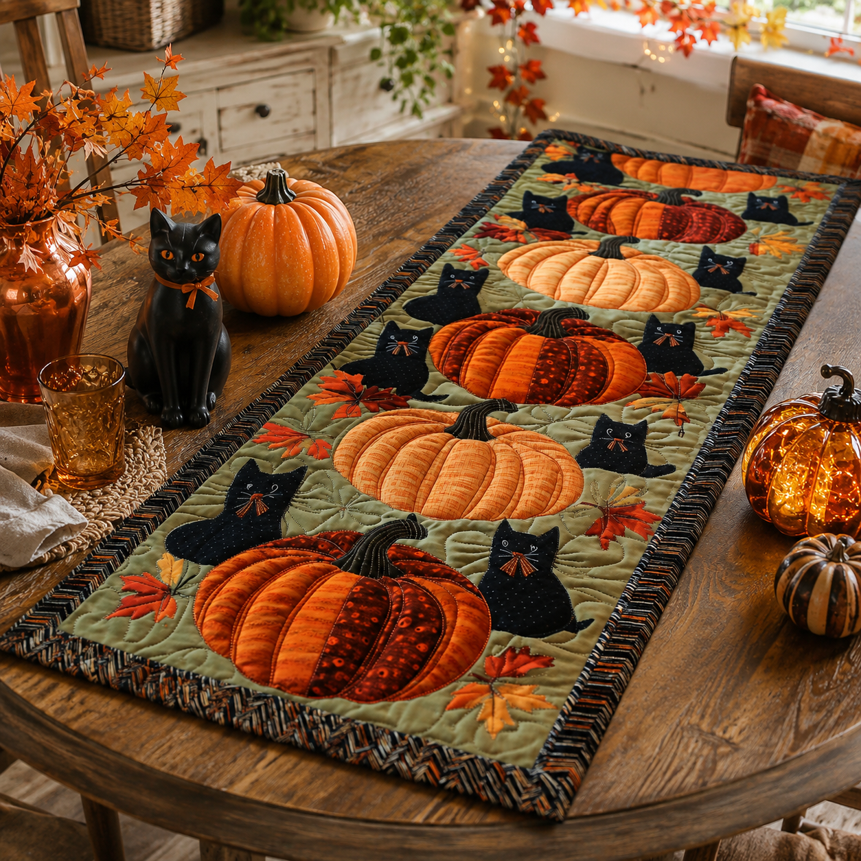Black Cat & Pumpkin Patch Halloween Quilted Table Runner