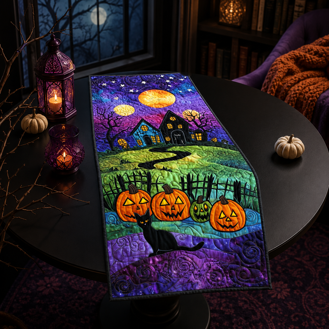 Black Cat & Pumpkin Patch Haunted Night Halloween Quilted Table Runner