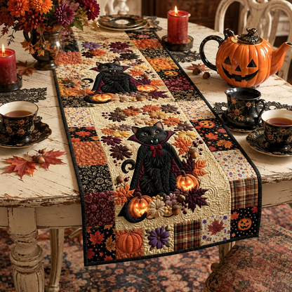 Black Cat and Jack O'Lantern Fall Harvest Halloween Quilted Table Runner