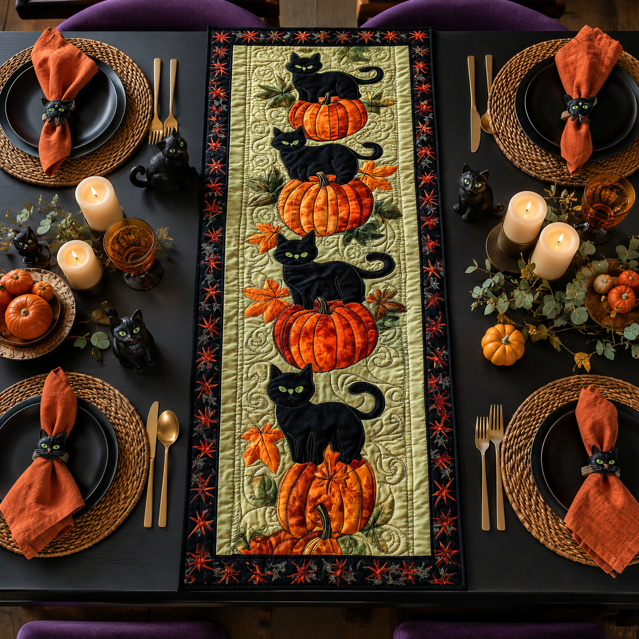 Black Cat and Pumpkin Halloween Quilted Table Runner