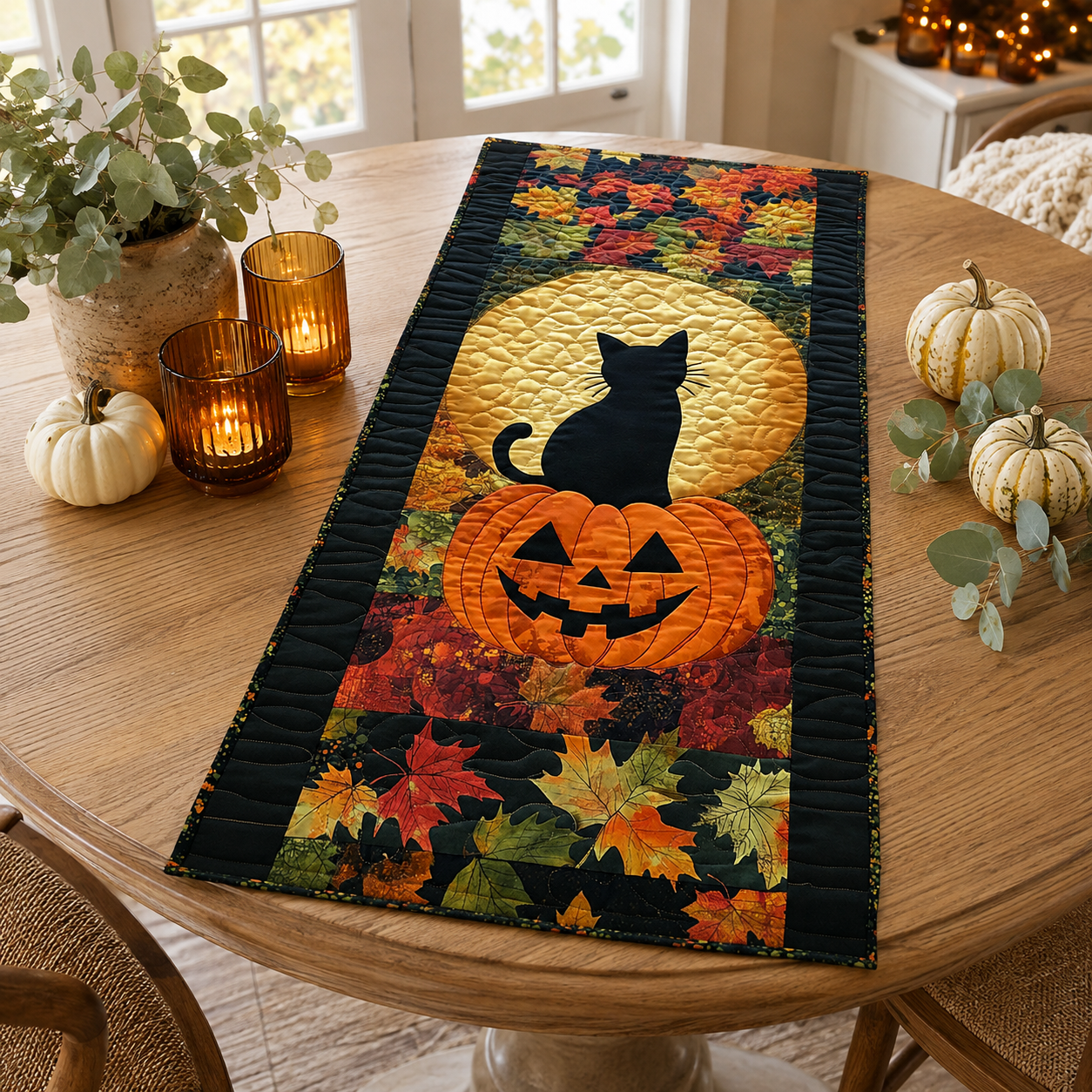 Black Cat on Pumpkin Full Moon Halloween Quilted Table Runner
