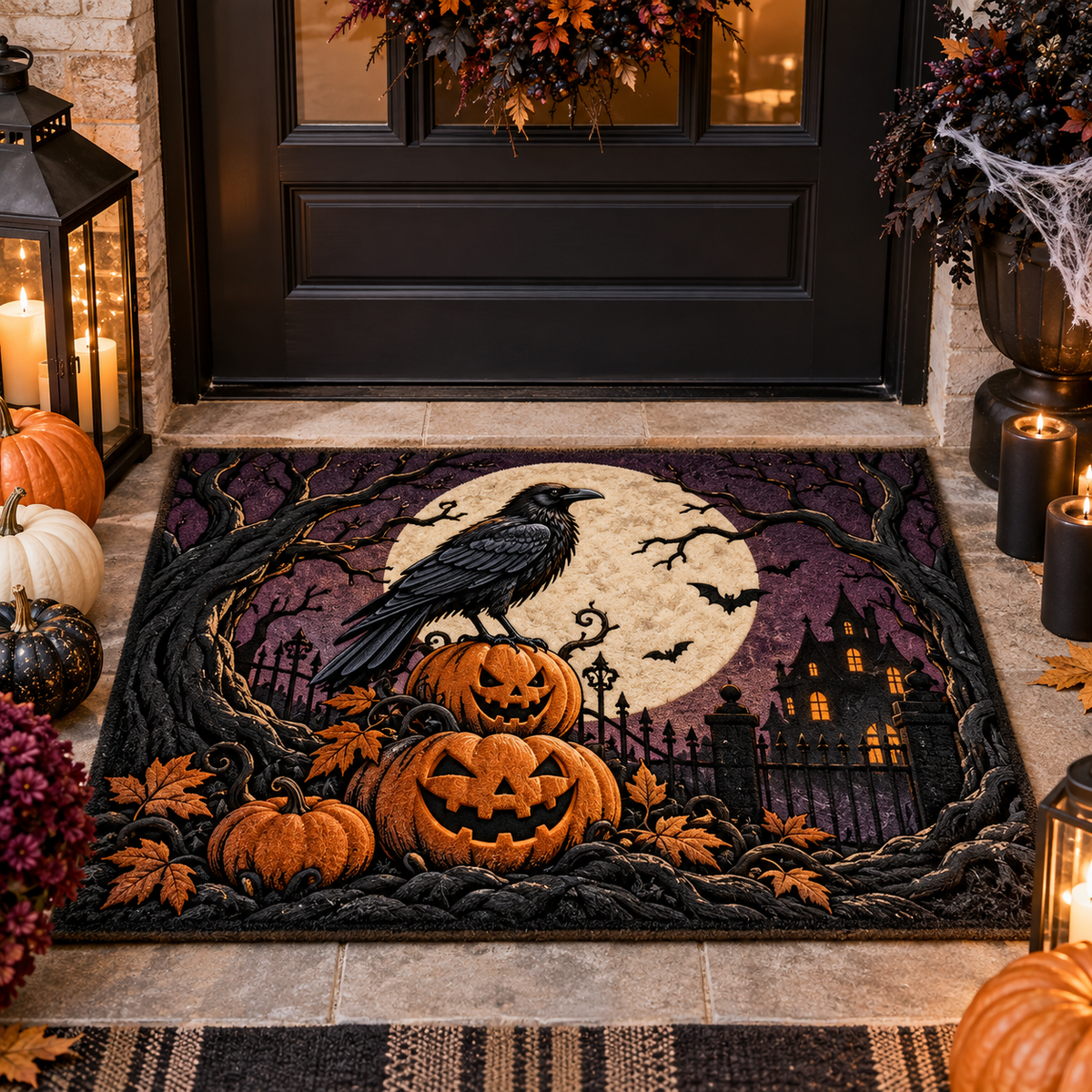 Black Crow Pumpkin Haunted House Halloween Doormat Outdoor Floor Rug