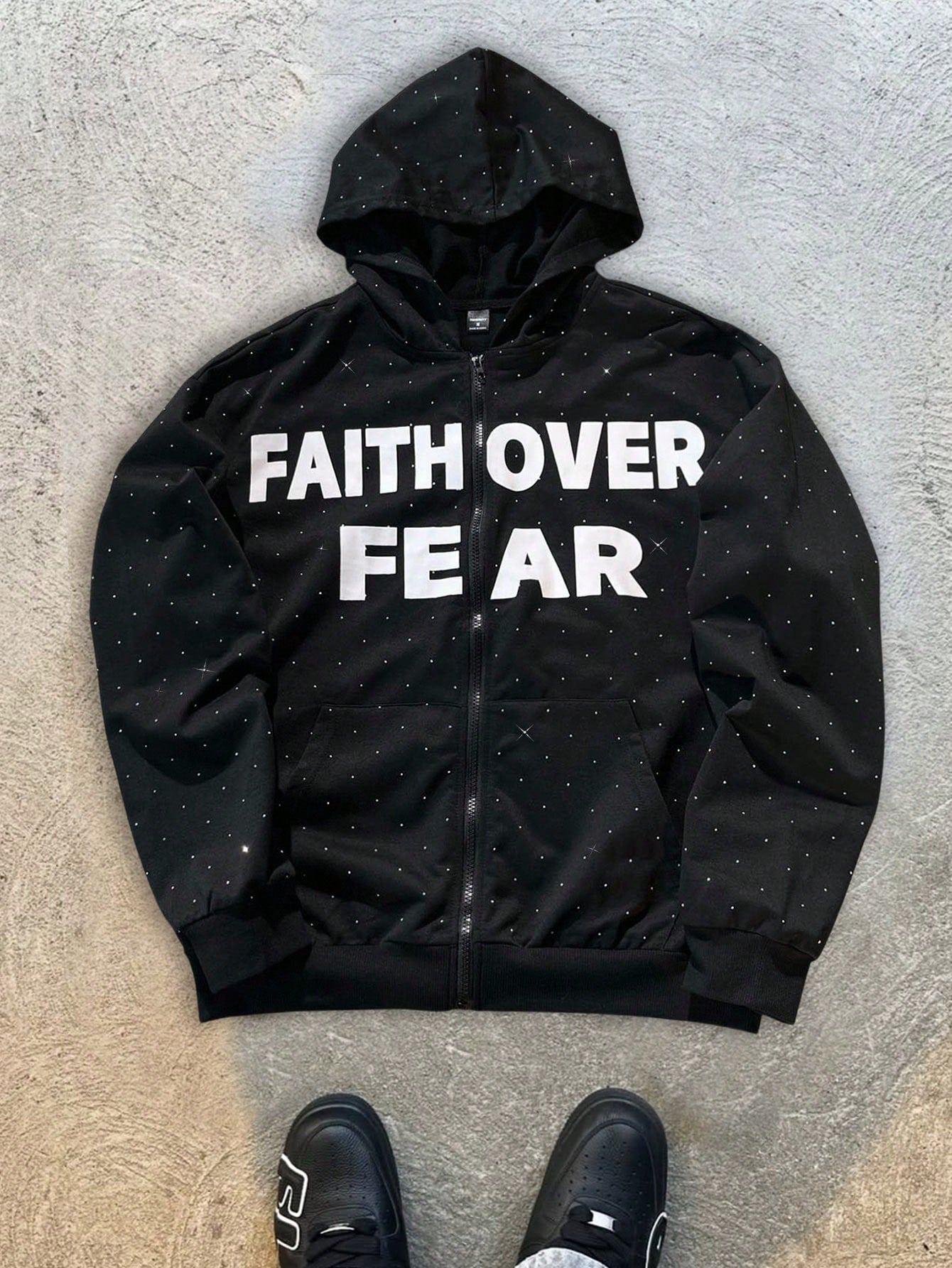 Black Faith Over Fear Star Print Full Zip Hoodie