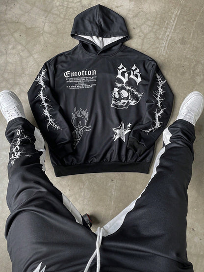 Black Graphic Skull Pullover Hoodie