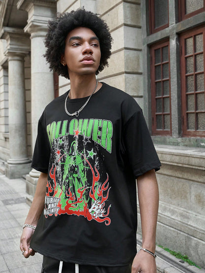 Black Neon Flame Star Print Streetwear Tee