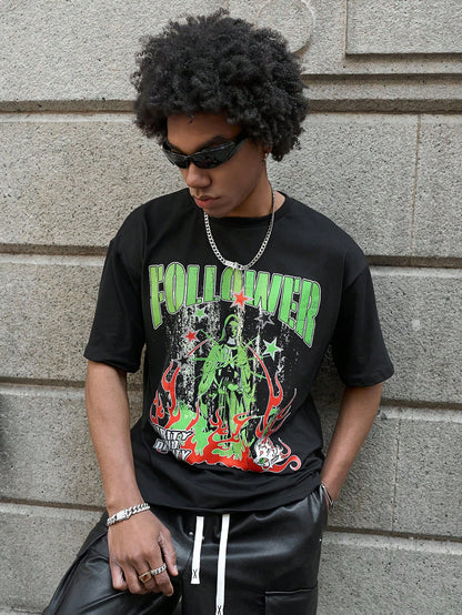 Black Neon Flame Star Print Streetwear Tee