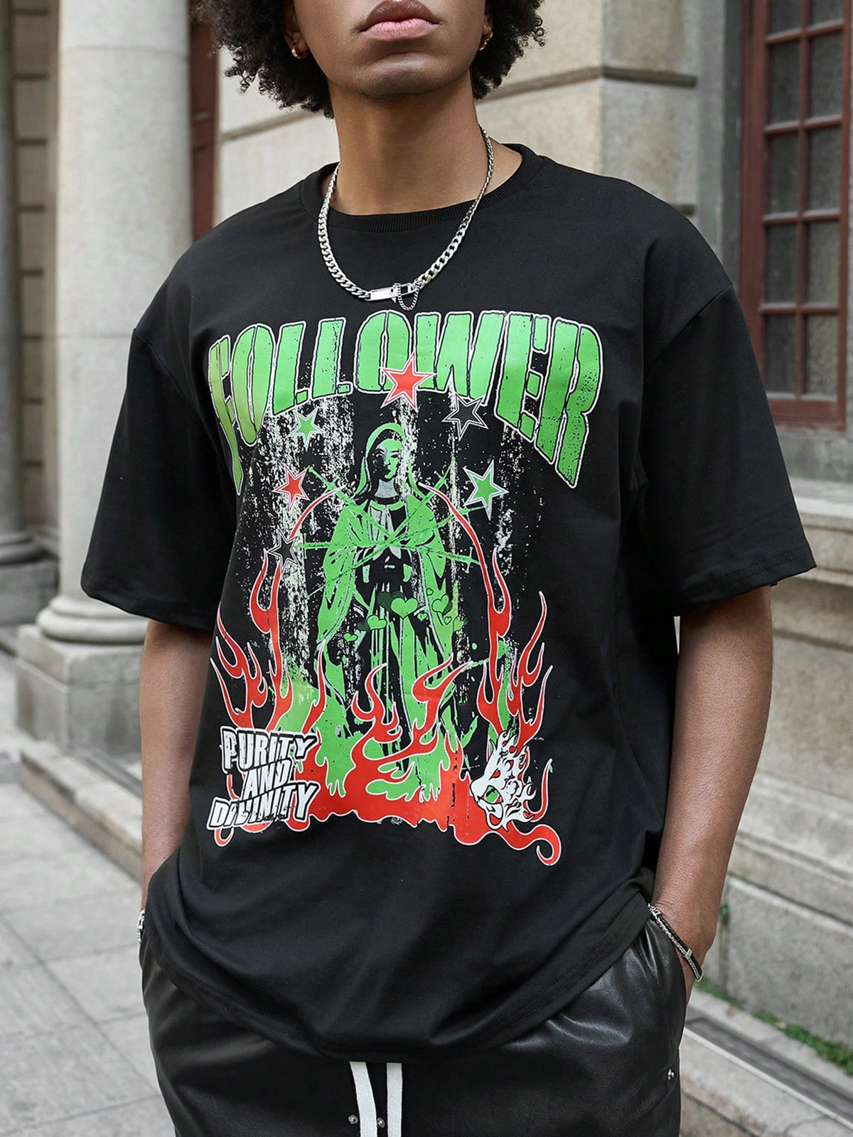 Black Neon Flame Star Print Streetwear Tee