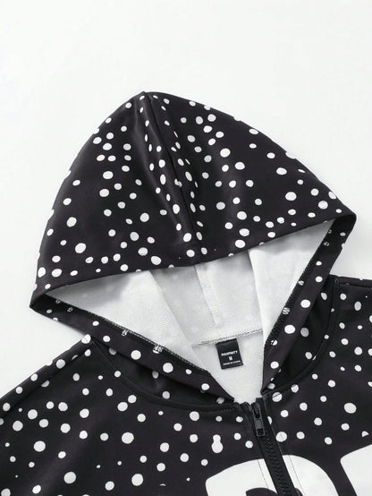 Black Polka Dot Slogan Hoodie Jacket