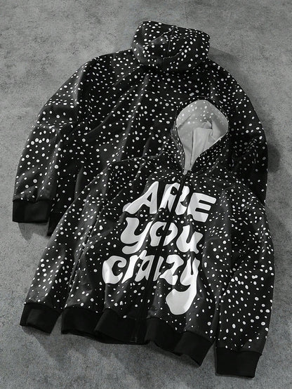 Black Polka Dot Slogan Hoodie Jacket