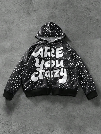 Black Polka Dot Slogan Hoodie Jacket