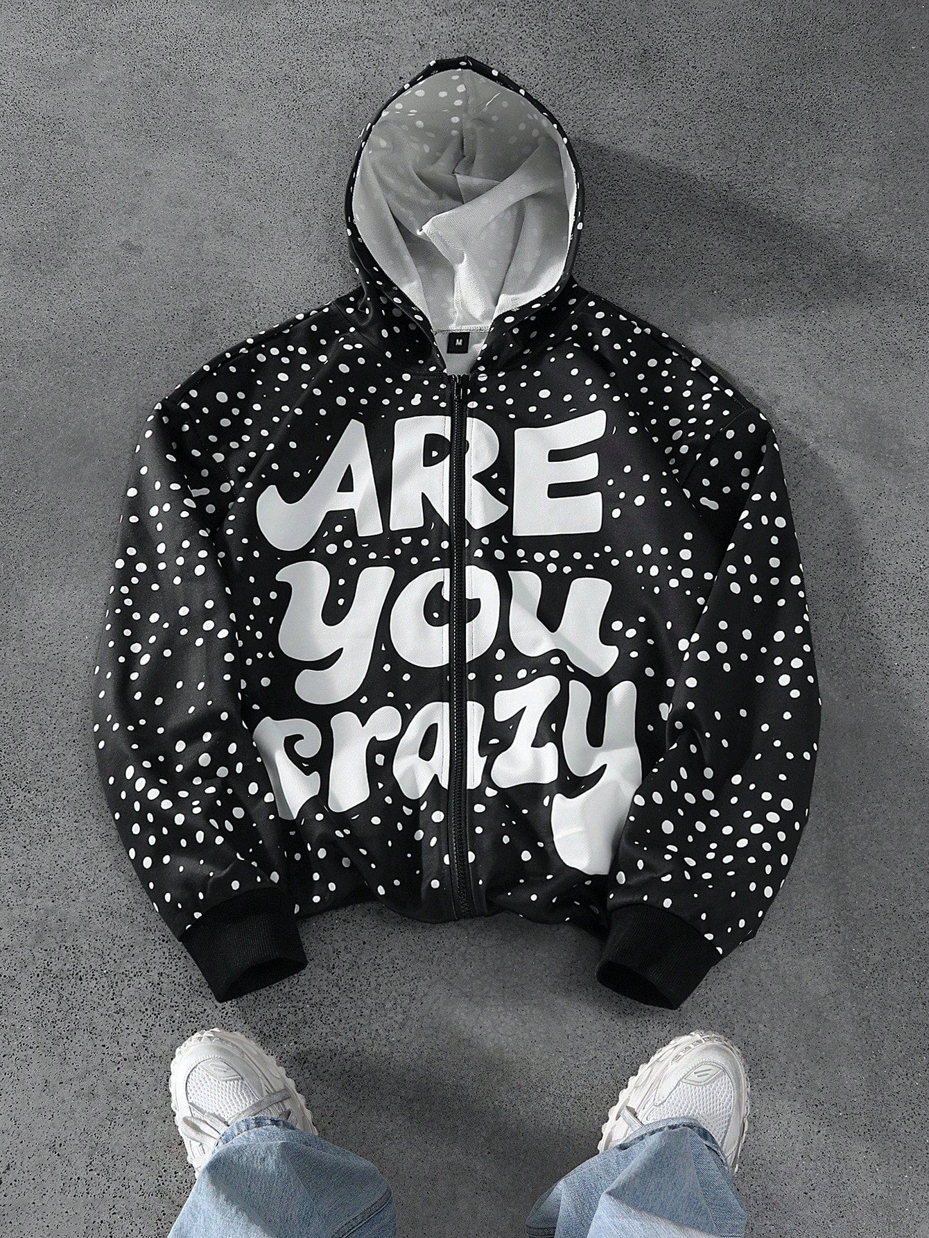 Black Polka Dot Slogan Hoodie Jacket