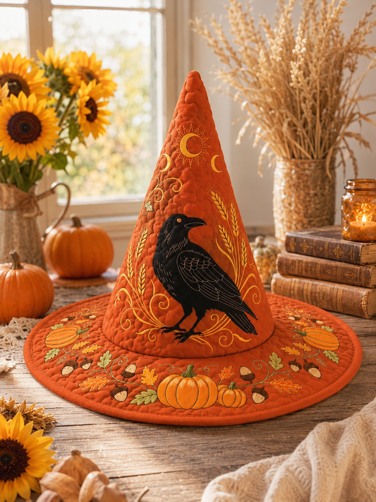 Black Raven & Pumpkin Harvest Halloween Quilt Witch Hat
