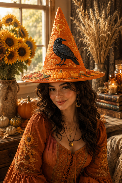 Black Raven & Pumpkin Harvest Halloween Quilt Witch Hat