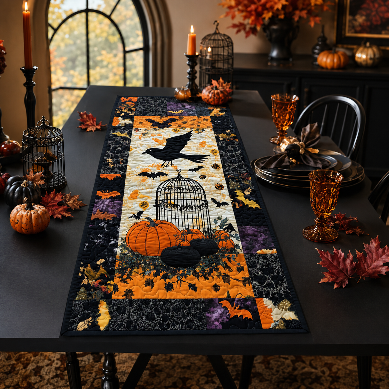 Black Raven and Birdcage Halloween Quilted Table Runner