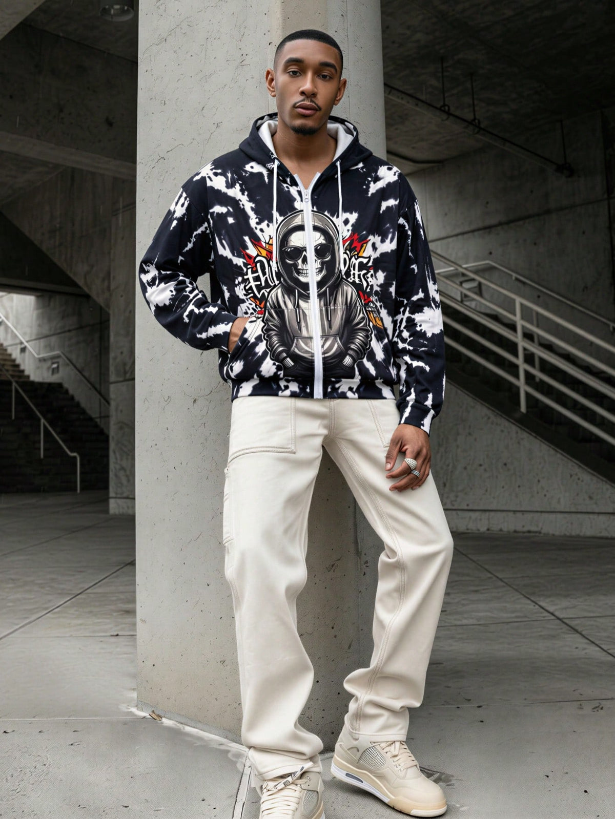 Black White Tie Dye Skull Zip Up Hoodie