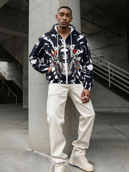 Black White Tie Dye Skull Zip Up Hoodie