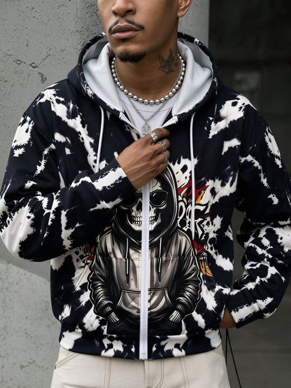 Black White Tie Dye Skull Zip Up Hoodie