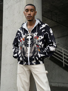 Black White Tie Dye Skull Zip Up Hoodie