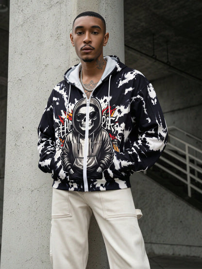 Black White Tie Dye Skull Zip Up Hoodie