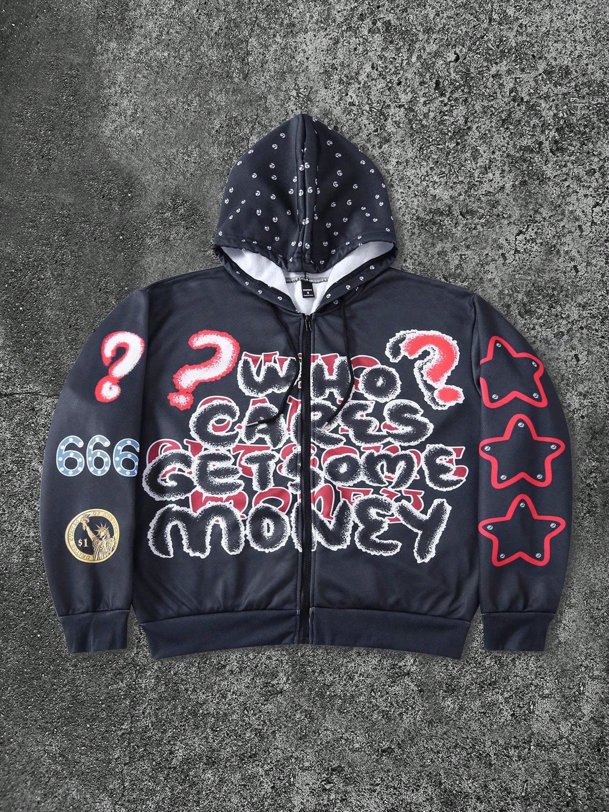 Black Who Cares Get Money Graphic Full Zip Hoodie