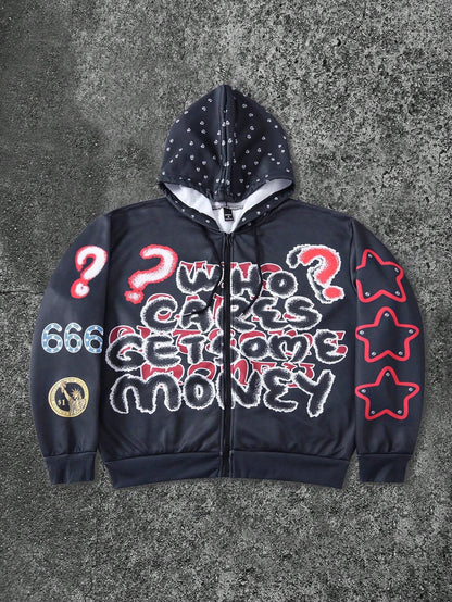 Black Who Cares Get Money Graphic Full Zip Hoodie