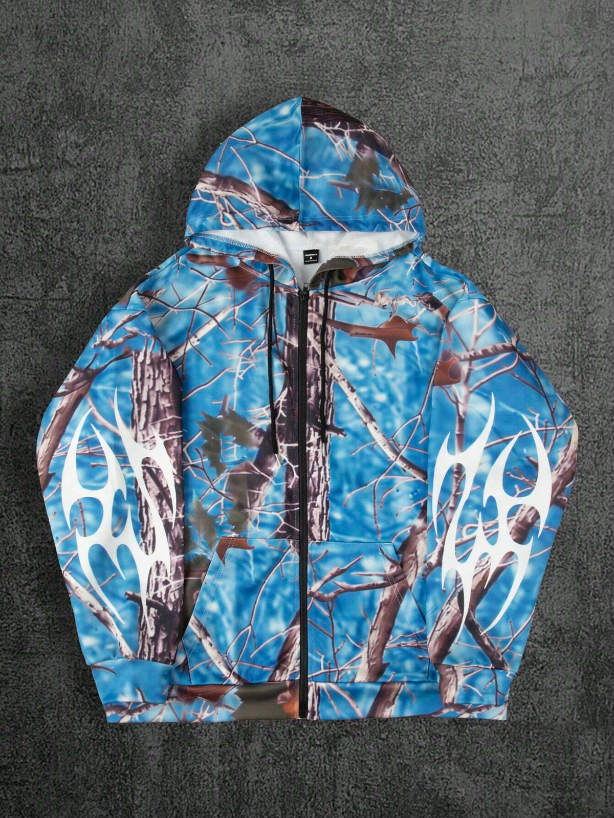 Blue Camo Graphic Print Zip Up Polyester Hoodie
